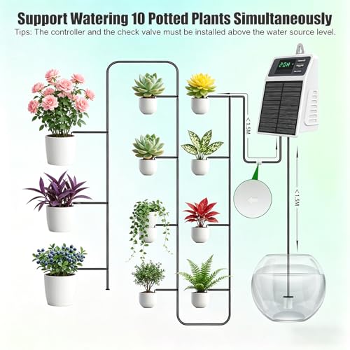 Solar Automatic Drip Irrigation System, DIY Self Watering System with Timer, 10m/33FT Hose, Solar Powered Auto Irrigation Kit for Greenhouse Accessories for Yard, Lawn