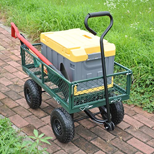 Steel Garden Cart, 2-in-1 600 lbs Heavy Duty Utility Wagon, with Removable Mesh Sides to Convert into Flatbed, 240° U-Turn 10" Pneumatic Tires Garden Wagon for Farm Yard Lawn Garden Camping (green) - color: Green