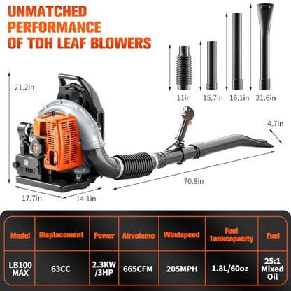 TDH Backpack Leaf Blower,2-Stroke Backpack Blowers with 665 CFM & 205 MPH - color: G-Orange