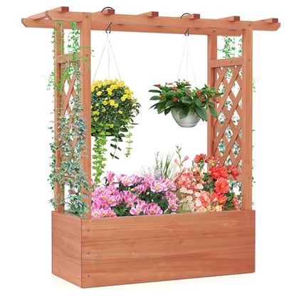 GIANTEX Raised Garden Bed with 2-Sided Trellis & Hanging Roof, Fir Wood Planter Box w/Drainage Holes, Freestanding Garden Planter for Flowers Herbs Climbing Vines (43"x15"x45") - size: 43"x15"x45"