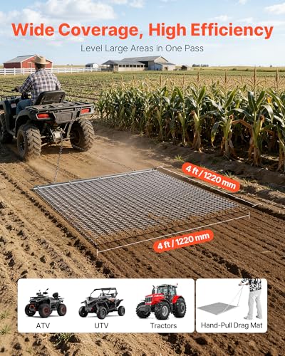 VEVOR Baseball Field Drag Mat, Field Drag, Yard Drag for ATVs UTVs Tractors, Durable Galvanized Steel Mesh Drag Mat with Towing Chain, for Gravel Driveway Ruts Farm Field Leveling - size: 48.03 x 48.03 x 0.39"