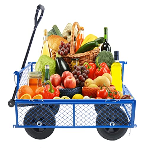 Solid Wheels 10" Flat Free Tires Steel Garden Wagon cart A Large-Capacity mesh with a Load of 1100LBS,with Detachable Side and no Pneumatic Tires,can be Used in Farms,Warehouses,etc. - color: Blue -Solid Wheels