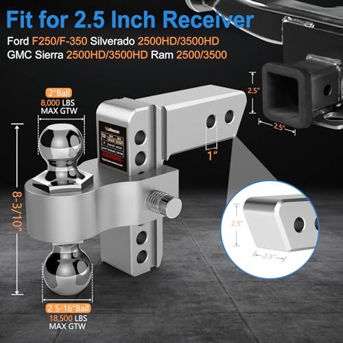 Drop Hitch 2.5 Inch Receiver, Vullteeon 6 Inch Adjustable Trailer Hitch Ball Mount, 18,500 LBS GTW, (2" & 2-5/16") Chrome Plated Steel Balls, Class 5 Aluminum Tow Hitches with 2 Anti-Theft Pins Locks - size: for 2.5" Receiver