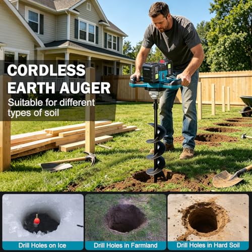 Auger Post Hole Digger,Post Hole Auger,Electric Earth Auger,Includes 2 Drill bit.Two Batteries and Dual-Port Fast Charger,Forward/Reverse Function,for Post Hole Digging,Drilling,Tree Planting - size: 4″+ 6″