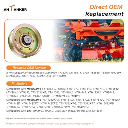 Antanekr 173437 532173437 Flat Idler Pulley for Craftsman Lawn Mower Tractor, Mower Pulley Fits Husqvarna Poulan 42” 44” Deck Replace 131494 532131494 173438 165888 LT16542 LT18452 LTH1342, 2 Pack - color: 2 pcs