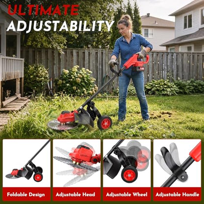 3-in-1 Electric Weed Wacker Cordless, 12″ Brushless Weed Eater Battery Powered with Wheel, 20000 RPM Grass Trimmer/Brush Cutter/String Trimmer, Lawn Mower Edger Weed Trimmer, 6000mAhjong Batteries