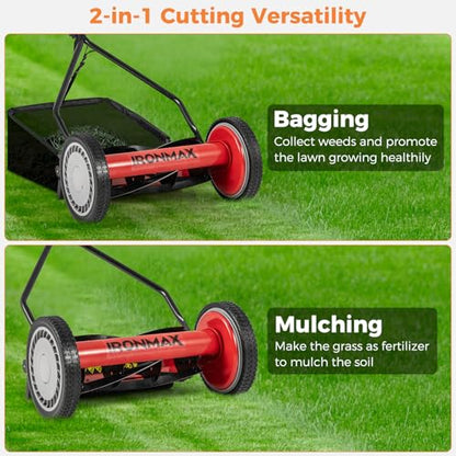 IRONMAX 14 Inch 5-Blade Push Reel Mower, Removable Grass Catcher, Red - color: Red, size: 14 Inch