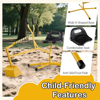 Costzon Sand Digger, Sandbox Excavator Ride On Toy with 360° Rotation X-Shaped Metal Base & 2-Handed Controls for Sand, Dirt, Leaves & Snow, Outdoor Sandbox Digger for Kids 3+ Years Old - style: X-shaped Base