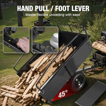 Big RED Heavy Duty ATV Trailer Steel Dump Cart: Yard Garden Trailer for Lawn Mower, Tractor, Garden Waste - 750lbs, 12 cu.ft Capacity
