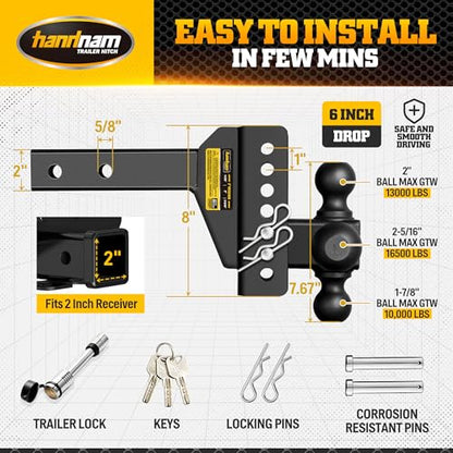 Adjustable Trailer Hitch for 2 inch Receiver, 6 inch Rise/Drop Hitch