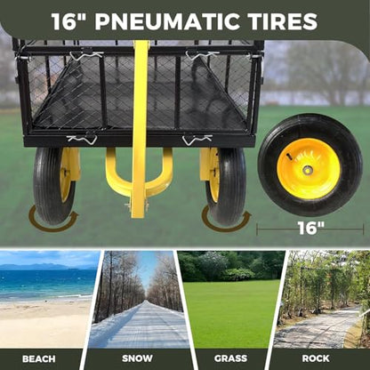 Heavy Duty 1400 lbs Capacity Steel Garden Cart with Removable Mesh Sides & 16" Tires, Convertible Flatbed Utility Wagon for Farm, Yard, Lawn, and Beach Use, Yellow - color: Yellow, size: 1400 LBS