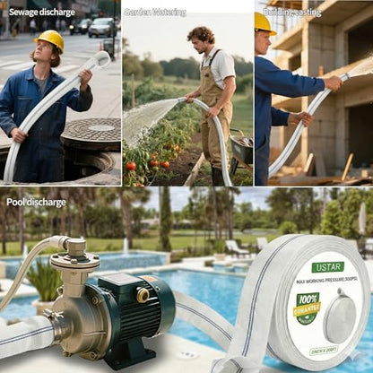 Pool Backwash Hose, 3 Inch x 100 FT Heavy Duty Lay Flat Discharge Hose with 2 Stainless Steel Clamps, Reinforced Polyester PU Lining for Sump Pump, Drainage & Irrigation - size: 3in x 100 FT