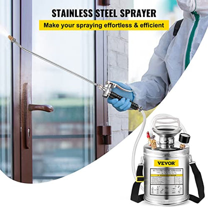 Happybuy 1 Gallon Stainless Steel Pump Sprayer, 12" Wand & 3FT Reinforced Hose, Pressure Gauge, Safety Valve & Adjustable Nozzle, Garden Weed Sprayer for Lawn, Gardening, Sanitizing | Yard Sprayer, Gardening & Sanitizing, 12" Wand & 3 FT Reinforced Hose,