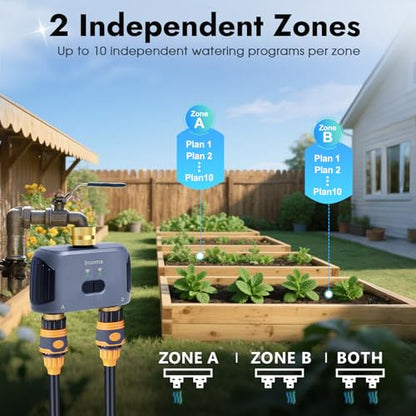 2 Zones WiFi Water Timer Brass Inlet and Outlet, Sprinkler Timer for Garden Hose, APP Remote Control WiFi Hose Timers with Gateway, Voice Control with Alexa, Rain Delay and Manual Mode for Watering - color: Black Grey