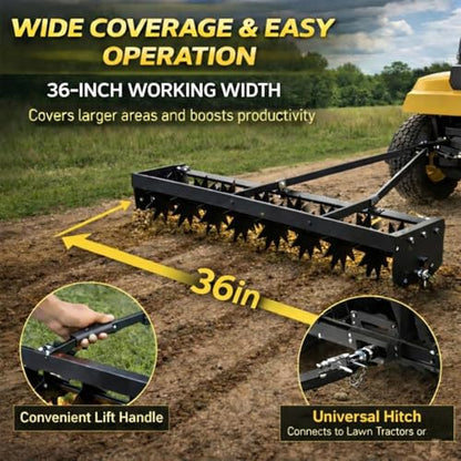36 Inch Tow Behind Spike Aerator, 400 LBS Lawn Aerator, Yard Aerator with Heat-Treated Steel Tiness, Spike Aerator Tow Behind with 3'' Deep Soil Aeration, for Lawn,Yard and Garden, Black