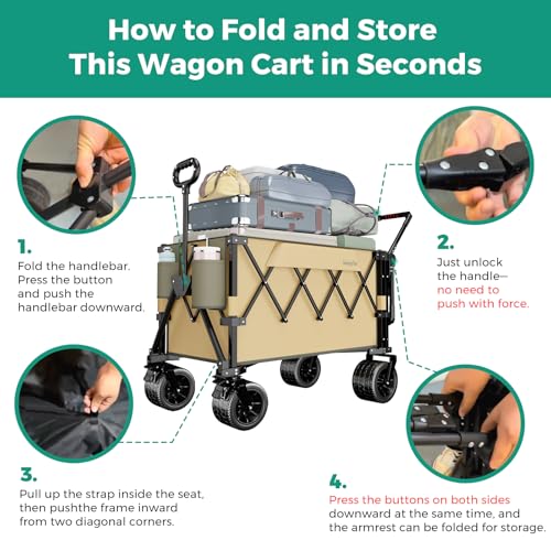 SUNNYFEEL 550LBS Collapsible Wagon Cart - Heavy Duty Push Pull Foldable Wagon with Dual Handles and Big Wheel,Utility Cart with Rear Tailgate for Camping, Fishing, Gardening, Shopping, Grey - color: Brown