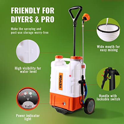VEVOR 4 Gallon Battery Powered Backpack Sprayer with Wheeled Cart, Adjustable 0-94 PSI, 13FT Hose, 6 Nozzles, 2 Wands Included, Wide Mouth Lid for Weeding, Cleaning, Long Spray Time Without Fatigue - size: 4 Gal with Cart