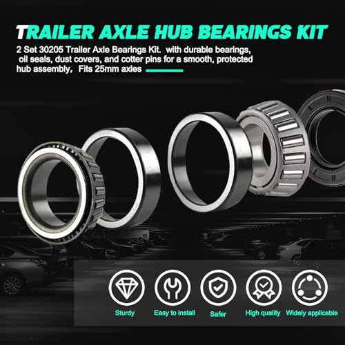 2 Sets Trailer Wheel Bearing Kit for 25mm Axles, 30205 Tapered Roller Bearings with TC 30x52x10mm Oil Seal, Quiet High Speed Durable Trailer Hub Repair Kit, Includes Dust Cover & Cotter Pin - color: 2Set-30205-Bearings