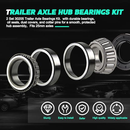 2 Sets Trailer Wheel Bearing Kit for 25mm Axles, 30205 Tapered Roller Bearings with TC 30x52x10mm Oil Seal, Quiet High Speed Durable Trailer Hub Repair Kit, Includes Dust Cover & Cotter Pin - color: 2Set-30205-Bearings
