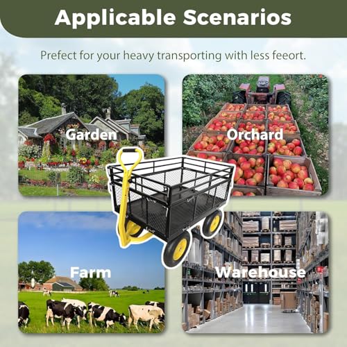 Heavy Duty 1400 lbs Capacity Steel Garden Cart with Removable Mesh Sides & 16" Tires, Convertible Flatbed Utility Wagon for Farm, Yard, Lawn, and Beach Use, Yellow - color: Yellow, size: 1400 LBS