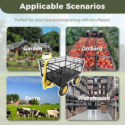 Heavy Duty 1400 lbs Capacity Steel Garden Cart with Removable Mesh Sides & 16" Tires, Convertible Flatbed Utility Wagon for Farm, Yard, Lawn, and Beach Use, Yellow - color: Yellow, size: 1400 LBS