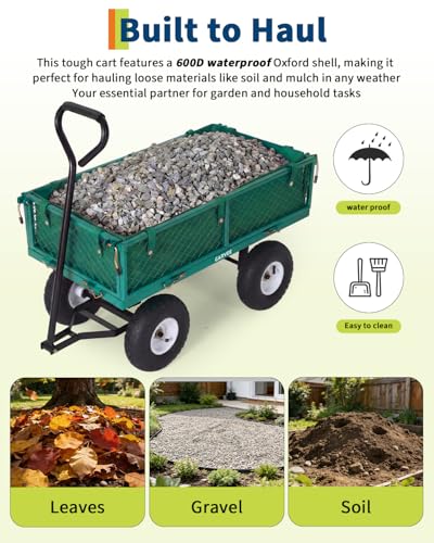 Heavy Duty 400 lbs Steel Garden Cart Wagon – Utility Yard Cart – 10" All-Terrain Pneumatic Tires – Removable Mesh Sides, Waterproof Liner – Easy Maneuvering for Lawn, Farm, Landscaping – - color: Green