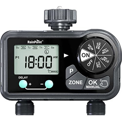 RAINPOINT Sprinkler Timer with 3 Different Programs, Hose Timer for Garden Hose with Rain Delay/Manual Watering/Automatic Irrigation System for Garden, 2 Outlet