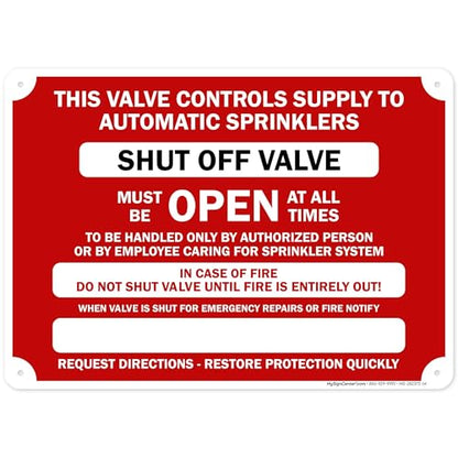 This Valve Controls Supply To Automatic Sprinklers Shut Off Valve Sign, 10x14 Inches, Rust Free .040 Aluminum, Fade Resistant, Made in USA by My Sign Center - size: 10x14 Aluminum