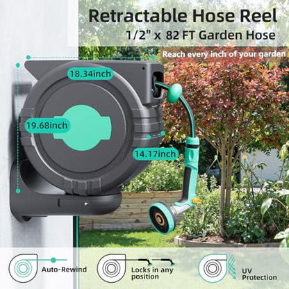 Automatic Retractable Garden Hose Reel 1/2" x 82 ft, 180° Wall Mounted