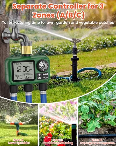 Water Timer for Outdoor Garden Hose, Sprinkler Timer for Garden Faucet with Auto/Manual/Rain Delay Mode, Sprinkler Irrigation Controller for Yard Lawn (3 Zones Brass Inlet & Outlet)