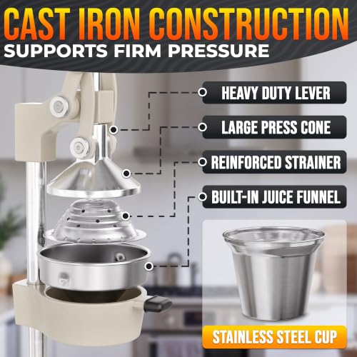 Cast Iron Lemon Squeezer in White, Hand Press with 304 Stainless Bowl - color: White