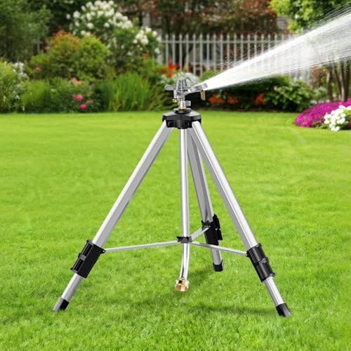 SPECILITE Brass Impact Tripod Sprinkler for Yard Lawn Garden Irrigation | Heavy Duty Metal Telescoping, Pulsating, 360° Rotation, Sprays Up to 70ft, Covers 5660sqft, Stable & Durable, Easy Setup - color: Silver, 1-Pack