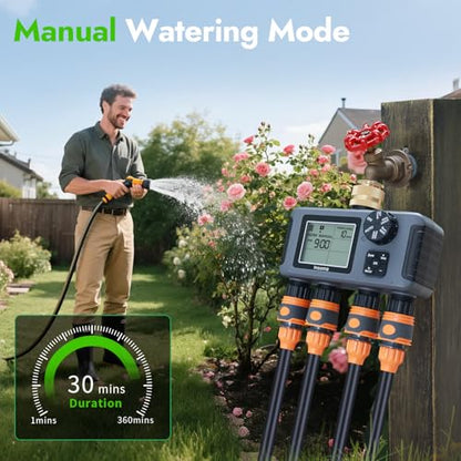 Insoma Water Timer with Brass Inlet & Outlet, 4 Independent Zones Outdoor Hose Timer for Garden Faucet with Auto/Manual/Rain Delay Mode, IPX5 Waterproof, Sprinkler Irrigation Controller for Yard Lawn