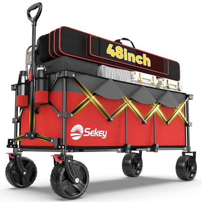 Sekey 300L Extended Collapsible Wagon, 660 lb Capacity, 48 in Long - color: Red&grey
