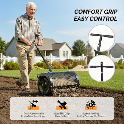 VINGLI Compost Spreader, 30 inch Peat Moss Spreader with Height Adjustable Handle, T Shaped Handle Peat Moss Roller, Seed Spreader for Lawn Backyard Outdoor (30"-Black) - size: 30"-Black