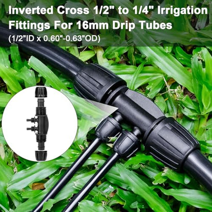 1/2 to 1/4 Drip Irrigation Fittings,4-Ways Barbed Tee 1/2 inch Drip Irrigation Tubing (1/2" ID x0.6-0.63" OD) 16mm to 1/4 inch Irrigation Tube Fitting Anti-Drop Barbed Connectors,12Pcs - color: 4-Way-12Pack