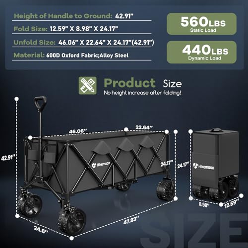 HIKEMOON 48'' Extra Large Collapsible Wagon with Big Wheels, 300L Grey - color: Gray