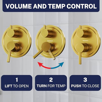 HammerHead Showers Solid Metal Two-Handle Shower Valve and Trim Kit, Volume and Temperature Control with Integrated Diverter, Pressure Balance Rough-In Valve Included, Brushed Gold - color: Brushed Gold