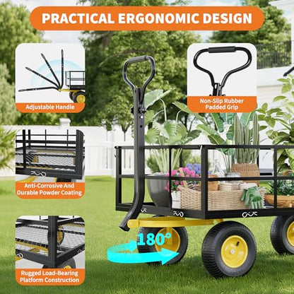 Heavy Duty Steel Garden Cart,with 10" Multi-Terrain Tires & 180° Swivel Handle, 4 Removable Mesh Sides,1400 lbs Capacity Utility Wagon for Lawn, Yard, Farm,Black Yellow - size: 1400 LBS Black