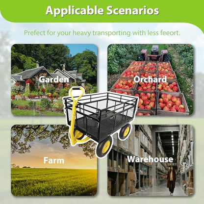 KEIKI 1400 lb Steel Garden Cart with Removable Mesh Sides, Heavy Duty Utility Wagon Convertible Flatbed, 16 in Pneumatic Tires, 2-in-1 Handle Tow Behind or Pull for Yard, Farm, Lawn - color: Yellow