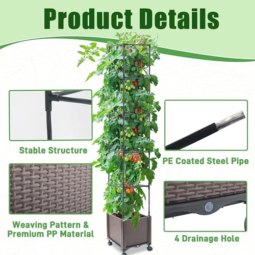 Quibbay Raised Garden Bed Planter Box with Trellis, 62.2" Self-Watering Tomato Planters for Climbing Plants Vine Flowers Outdoor Patio, Tomatoes Cage with Trellis Wheels for Outdoor, 1Pack - size: 4 Floors-11.8*11.8*62.2IN