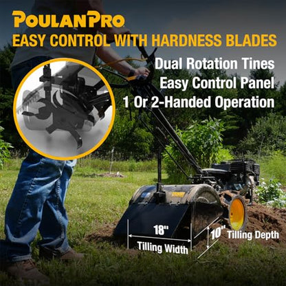 Poulan Pro Dual Direction Rear Tine Tiller, 212cc 4 Cycle Gas Engine, Full Gear Transmission, Dual Rotating Tines, Airless Tires, Instant Reverse 18 Inch Gas Tiller for Gardon and Farm