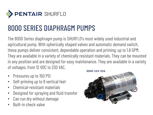 PENTAIR SHURFLO 8000-543-936 Diaphragm Pump, 12VDC Automatic Demand Water Pump, 1.8 GPM 60 PSI Agricultural Sprayer Pump, Chemical Resistant Transfer Pump for Irrigation, Lawn, Farm and Spray Systems