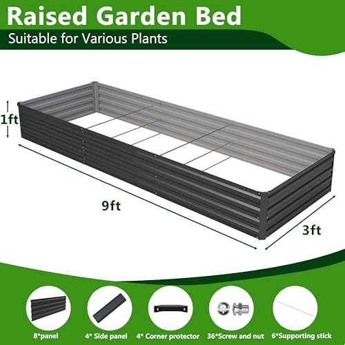 2PCS 9x3x1ft Galvanized Raised Garden Bed,Outdoor Planter Box Metal Patio Kit Planting Bed for Vegetables Flowers Herb,Black - size: 9x3x1(2PCS), style: Black