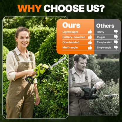OGERY 21V Cordless Hedge Trimmer & Grass Shears, 2-in-1 Powerful Dual Batteries Electric Bush Trimmer with 8.9” Hedge Blade & 5.1” Grass Trimmer, Adjustable Angle, Lightweight for Garden & Lawn Care