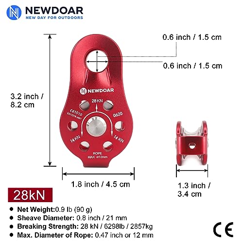 NewDoar Fixed Plate Micro Pulley,28KN CE Certified General Purpose Small Aluminum Rope Pulleys for Climbing/Aloft Work/Rappelling/Rescue Etc - color: One Unit (28KN Pulley Red)