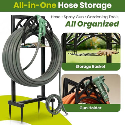 Garden Hose Holder Stand for Outside w/ 4-Spike Base, Holds upto 160ft