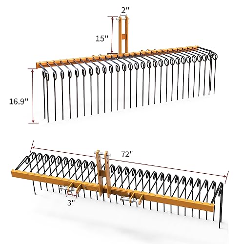 YITAMOTOR 72" Tow Behind Landscape Rake, 3 Point Pine Straw Rake for CAT 1 - size: 72 Inch - Yellow