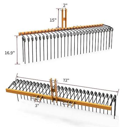 YITAMOTOR 72" Tow Behind Landscape Rake, 3 Point Pine Straw Rake for CAT 1 - size: 72 Inch - Yellow