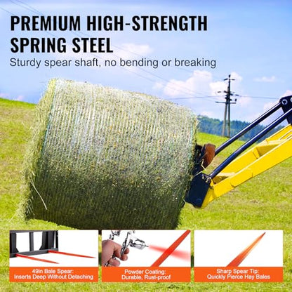 VEVOR 49" Hay Spear, Bale Spears 3000lbs Loading Capacity, Skid Steer Loader Tractor Attachment 2pcs Spears, Quick Attach Spike Forks - style: 49" Horizontal Assembly